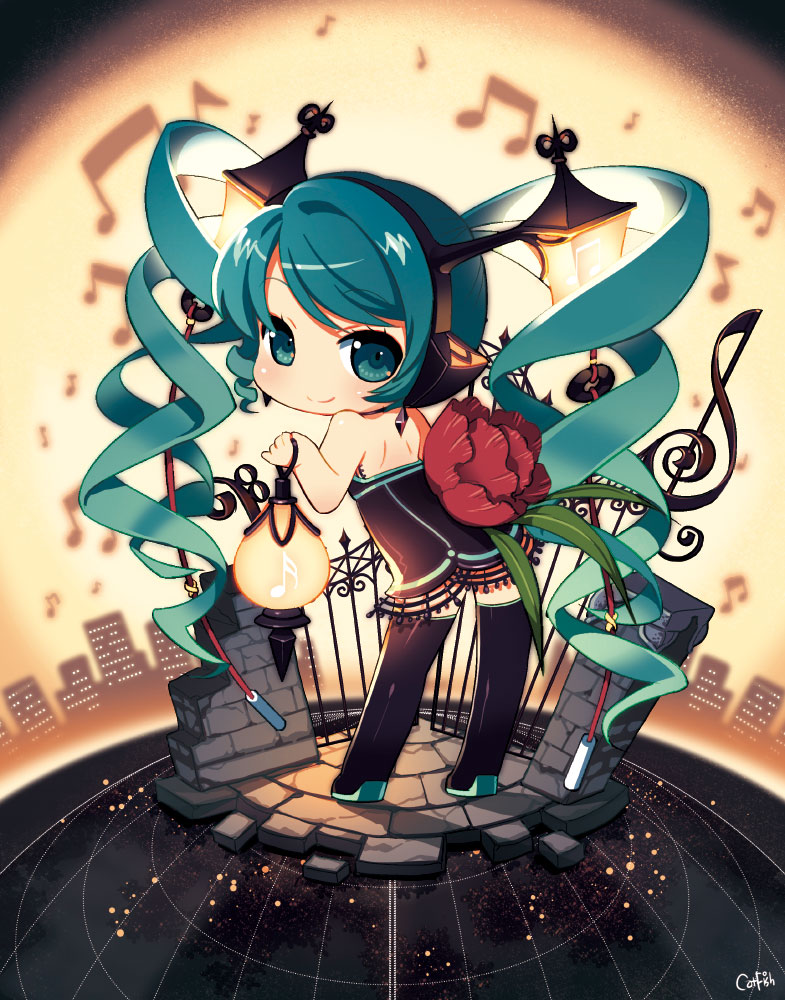 aqua_eyes aqua_hair artist_name boots chibi from_behind hatsune_miku lamp_miku long_hair looking_back mao_yu musical_note smile solo thigh_boots thighhighs twintails very_long_hair vocaloid