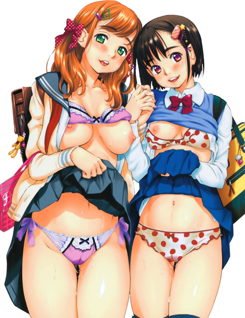 2girls bag black_hair blush bra bra_lift breasts cameltoe green_eyes hair_ornament hairclip hand_holding large_breasts legs long_hair looking_at_viewer multiple_girls navel open_clothes open_mouth open_shirt orange_hair panties red_eyes school_bag school_uniform shirt shirt_lift short_hair simple_background skirt skirt_lift smile standing thighs twintails underwear white_background