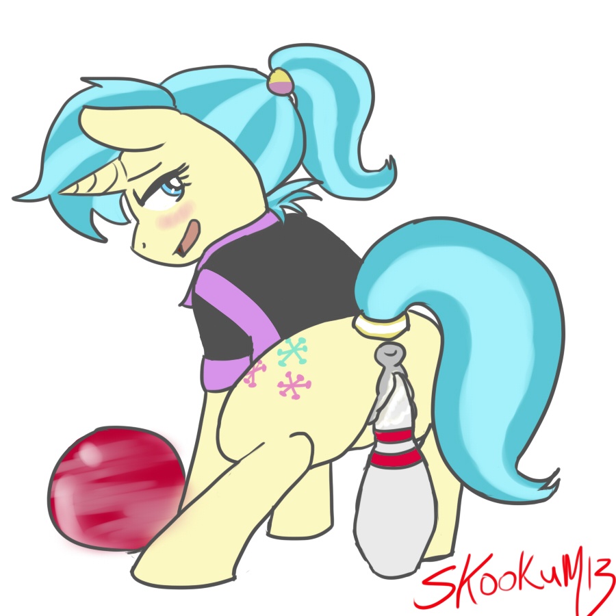 allie_way_(mlp) anatomically_correct anatomically_correct_pussy animal_genitalia anus blue_eyes blue_hair blush bottomless bowling_ball bowling_pin butt clothing cutie_mark equine equine_pussy female feral friendship_is_magic hair horn horse insertion looking_at_viewer looking_back mammal masturbation my_little_pony open_mouth penetration plain_background pony pussy shirt signature skookum solo unicorn vaginal vaginal_penetration white_background