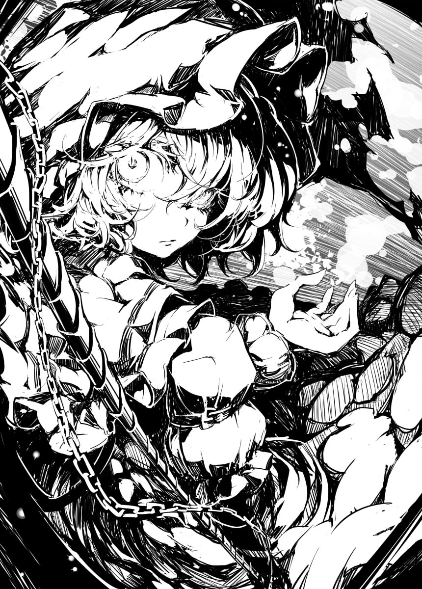 chain crazy_eyes eyelashes greyscale hat high_contrast highres looking_back monochrome neichiru remilia_scarlet short_hair solo staring touhou