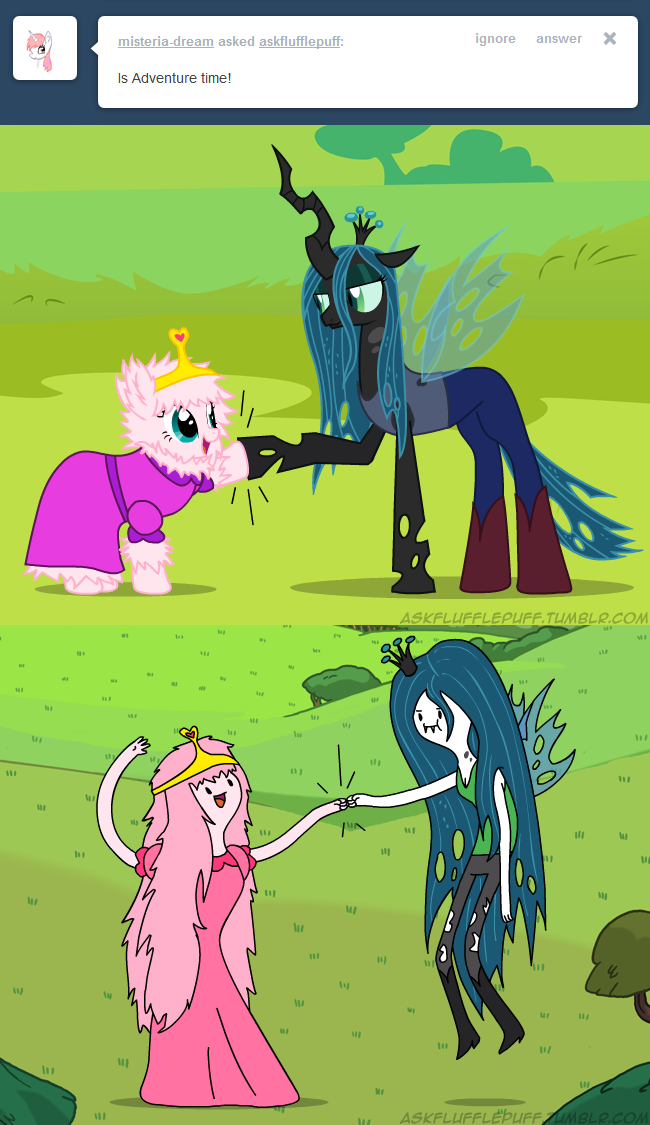 blue_eyes changeling clothed clothing crossover crown dress duo equine female feral fluffle_puff friendship_is_magic green_eyes green_hair hair horse mammal marceline mixermike622 my_little_pony nymph open_mouth outside pants pink_hair pony princess_bubblegum queen_chrysalis_(mlp) shirt style_parody tiara wings