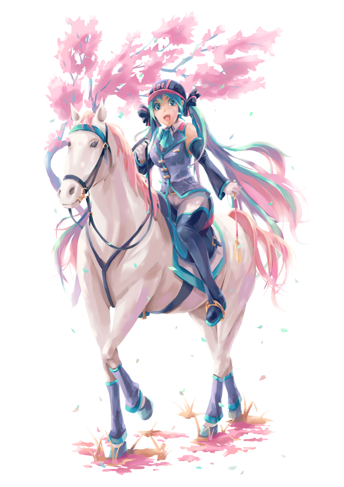 bad_id bad_pixiv_id boots cherry_blossoms gloves hat hatsune_miku horse leg_warmers long_hair open_mouth petals pixco riding solo thigh_boots thighhighs twintails very_long_hair vocaloid
