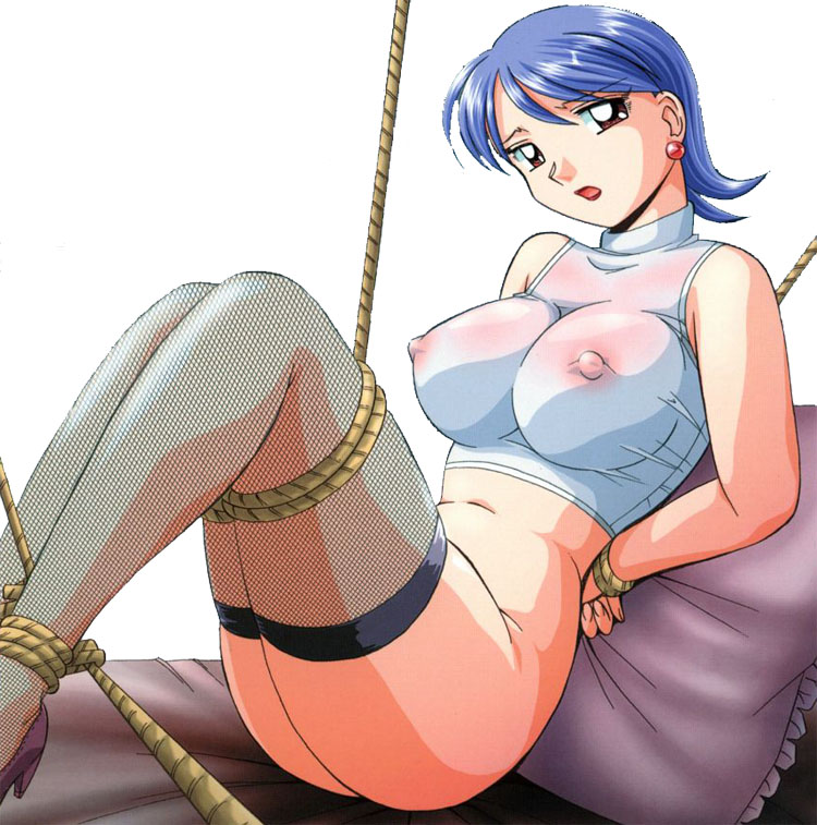 1girl areolae arms_behind_back bare_shoulders bdsm black_eyes blue_hair blush bondage bound breasts chuuka_naruto earrings erect_nipples jewelry large_breasts legs looking_at_viewer navel nipples no_bra no_panties open_mouth pantyhose pillow rope see-through short_hair simple_background sitting solo thighhighs thighs white_background