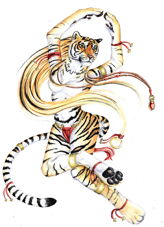 autumnjaguar barefoot black_lips breasts colored dancing feline female gem hair jewel jewelry lioncloth mammal pawpads pink_nose plain_backround realistic solo spinning stripes tiger white_belly yellow_eyes