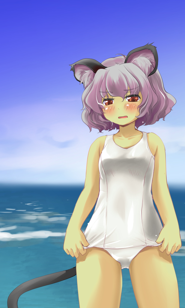 animal_ears bad_id bad_pixiv_id blue_sky blush day grey_hair mouse_ears mouse_tail nazrin nise_nanatsura one-piece_swimsuit open_mouth red_eyes school_swimsuit short_hair sky solo swimsuit tail tan touhou water white_swimsuit