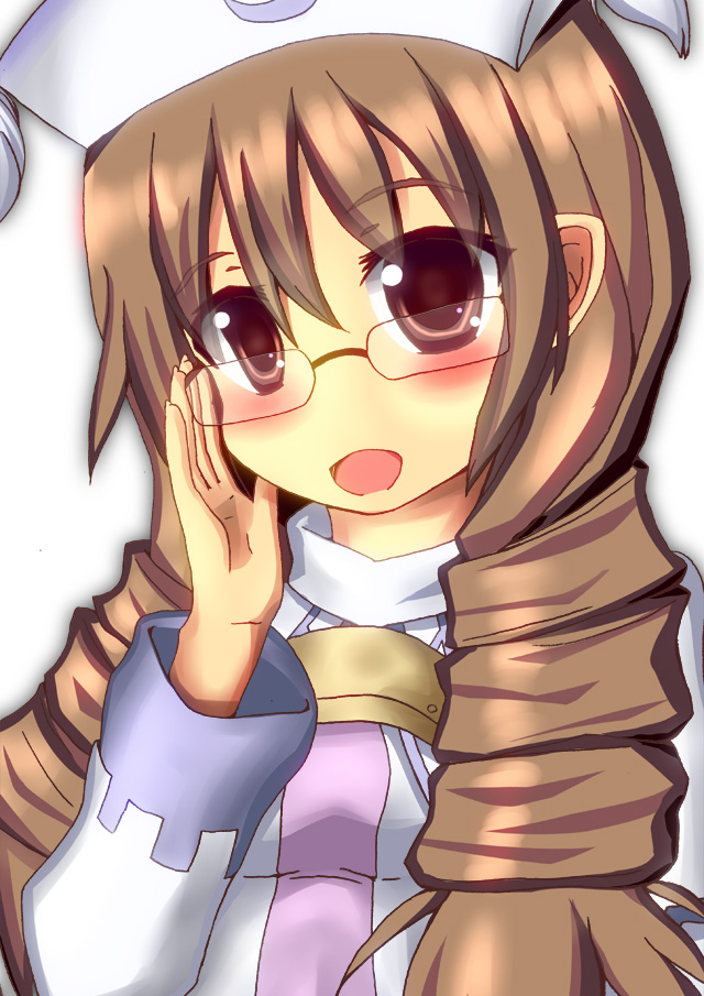 1girl blush breasts brown_eyes brown_hair cecille glasses hat long_hair luminous_arc open_mouth