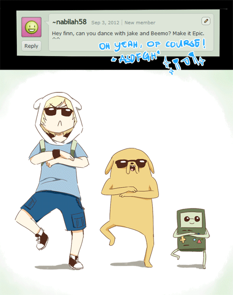 :&lt; :d adventure_time amazing animated ask-awesome-finn bmo canine clothing cool dancing dog english_text eyewear finn_the_human game gangnam_style girly group hair hood human humor jake_the_dog loop machine male mammal mechanical meme monochrome plain_background robot smile sunglasses text white_background