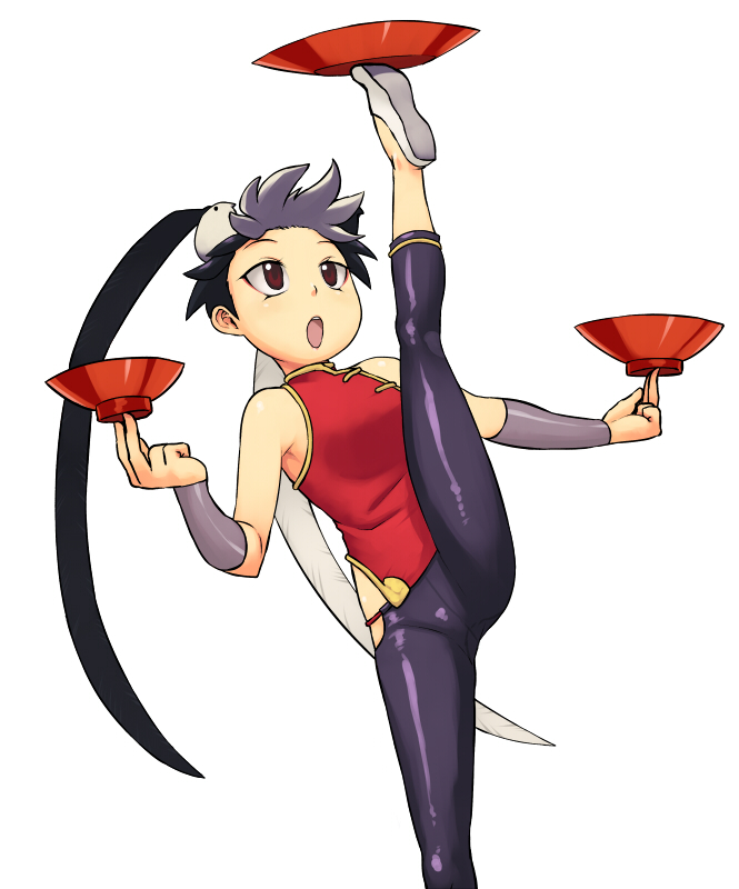 :o animal animal_on_head balancing bare_shoulders bird bird_on_head black_hair bowl breasts capri_pants chinese_clothes eyeshadow feng_(skullgirls) leg_lift leg_up makeup multicolored_hair on_head open_mouth pants red_eyes short_hair simple_background skullgirls small_breasts solo split standing standing_on_one_leg standing_split triple_wielding tsukudani_(coke-buta) two-tone_hair vambraces white_background white_hair