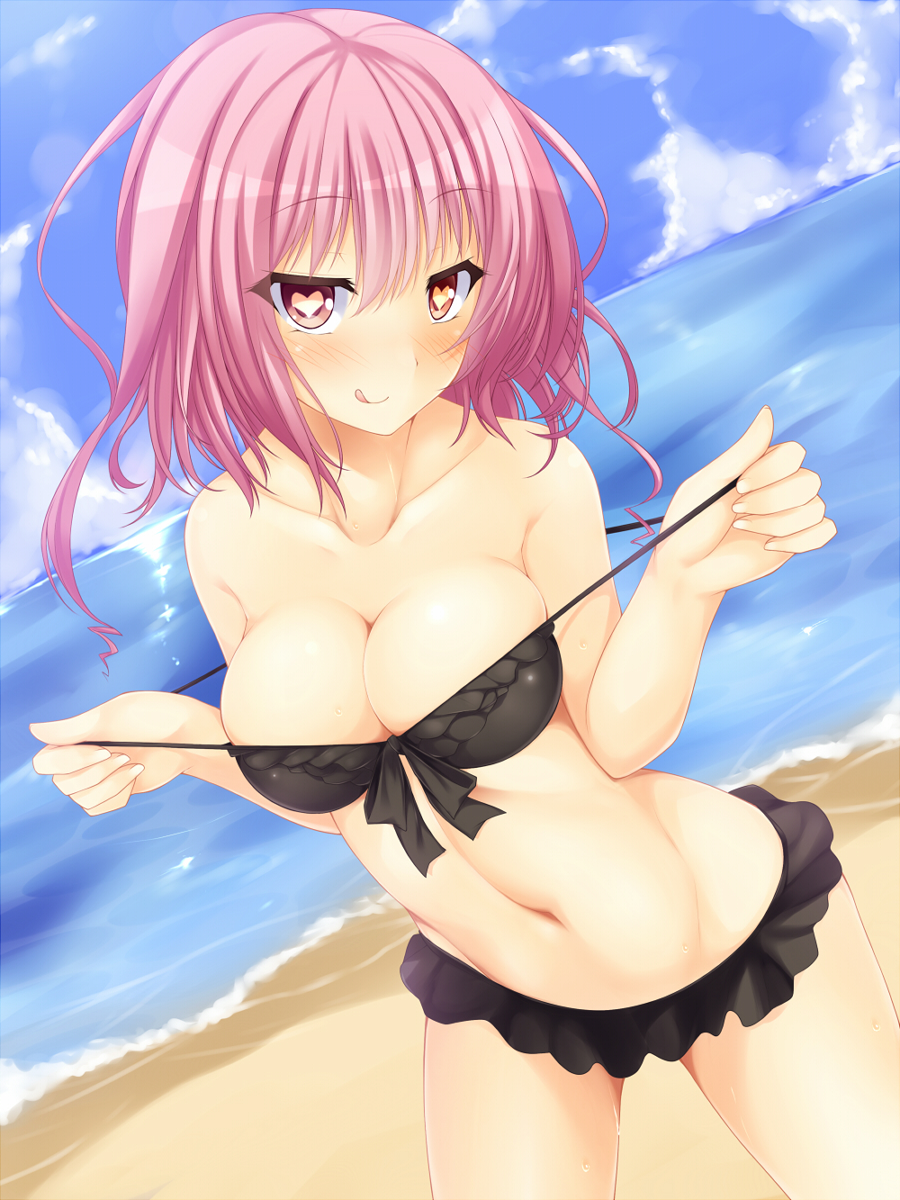 :q beach bikini blush breasts heart heart-shaped_pupils heterochromia highres large_breasts long_hair looking_at_viewer mirei-san_(suterii) naughty_face navel original outdoors pink_hair red_eyes smile solo strap_pull suterii swimsuit symbol-shaped_pupils tongue tongue_out water wet