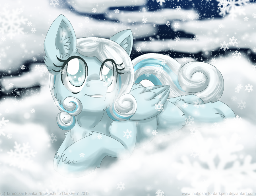 blind blue_eyes cloud english_text equine female feral friendship_is_magic hair horse inuhoshi-to-darkpen looking_up lying mammal my_little_pony navel on_front pegasus pony snow snowdrop_(mlp) snowflakes solo text two_tone_hair white_hair wings