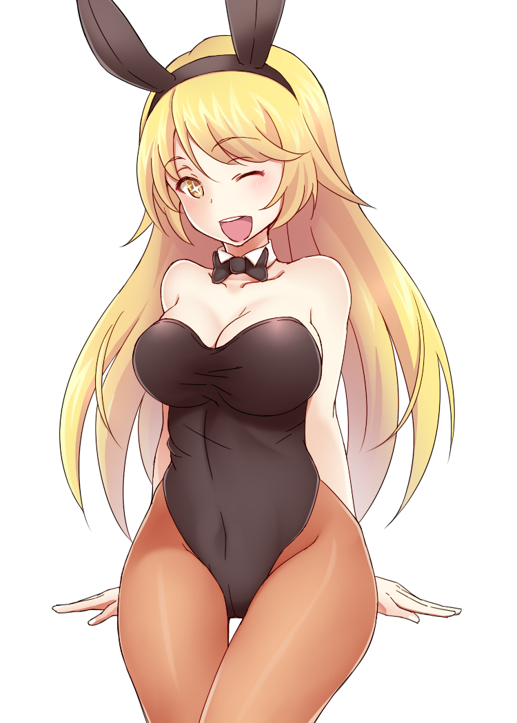 1girl ;d animal_ears bare_shoulders blonde_hair blush bow bowtie breasts bunny_ears bunny_girl bunnysuit cleavage detached_collar large_breasts leotard long_hair looking_at_viewer one_eye_closed open_mouth pantyhose shokuhou_misaki smile solo symbol-shaped_pupils thigh_gap to_aru_kagaku_no_railgun to_aru_majutsu_no_index touryou yellow_eyes