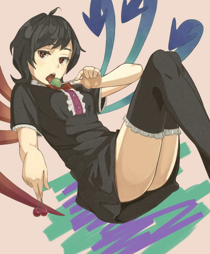 asymmetrical_wings bad_id bad_pixiv_id black_hair black_legwear candy cherry dress food fruit houjuu_nue lollipop open_mouth p_no_hito red_eyes short_hair solo thighhighs touhou wings