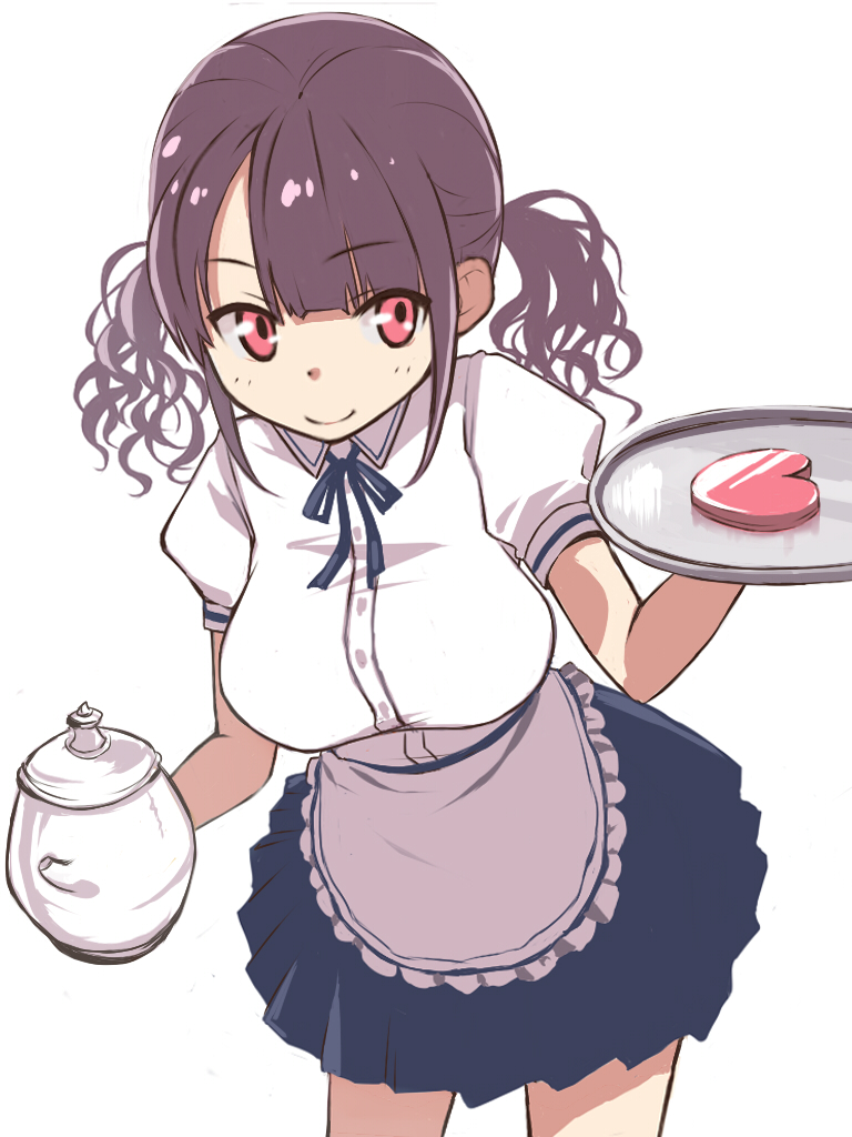 apron bad_id bad_pixiv_id breasts brown_hair heart large_breasts original puffy_sleeves red_eyes short_hair short_sleeves skirt smile solo teapot tray twintails umeboshitora waist_apron