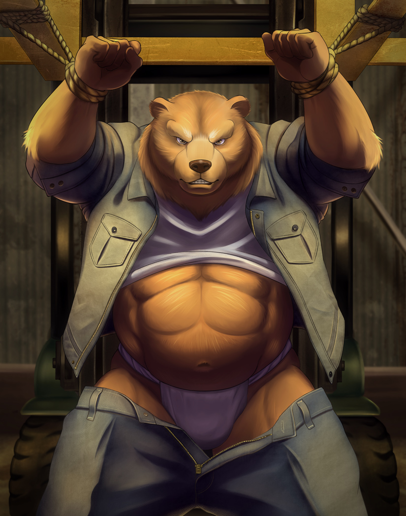angry anthro arm_up bdsm bear bondage bound brown_body brown_eyes brown_fur bulge chubby clenched_teeth clothed clothing front fundoshi fur grizzly_bear hands_up kemono kneeling looking_at_viewer male mammal musclegut muscles navel open_pants overweight pants pants_down room rope shirt shirt_lift solo teeth the_wind underwear undressing unknown_artist unzipped wheel wood zipper