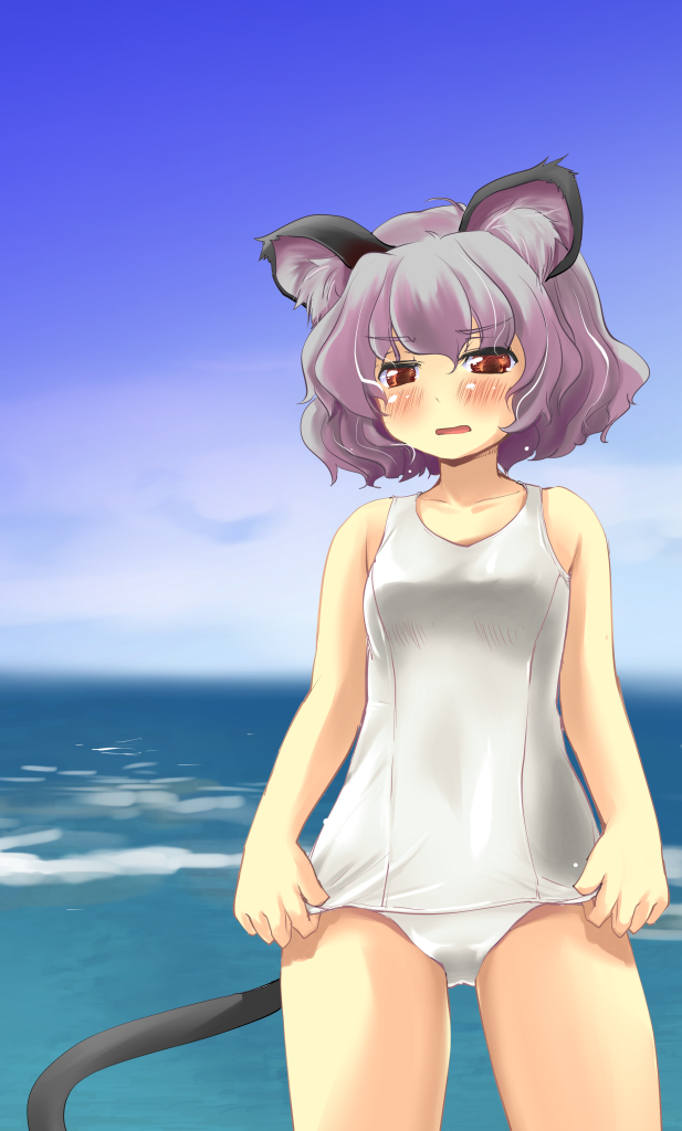animal_ears bad_id bad_pixiv_id blue_sky blush day grey_hair mouse_ears mouse_tail nazrin nise_nanatsura one-piece_swimsuit open_mouth red_eyes school_swimsuit short_hair sky solo swimsuit tail touhou water white_swimsuit
