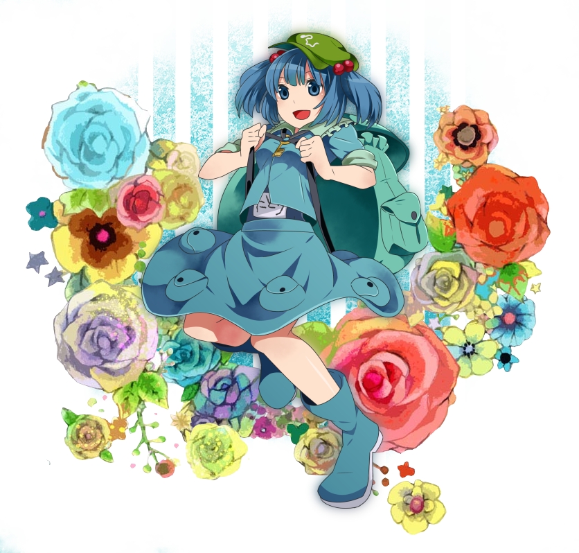 backpack bag blue_eyes blue_hair boots bow flower hair_bow hat kawashiro_nitori misyagu name_tag open_mouth rubber_boots school_swimsuit shirt skirt skirt_set sleeves_rolled_up smile solo striped striped_background swimsuit swimsuit_under_clothes touhou two_side_up