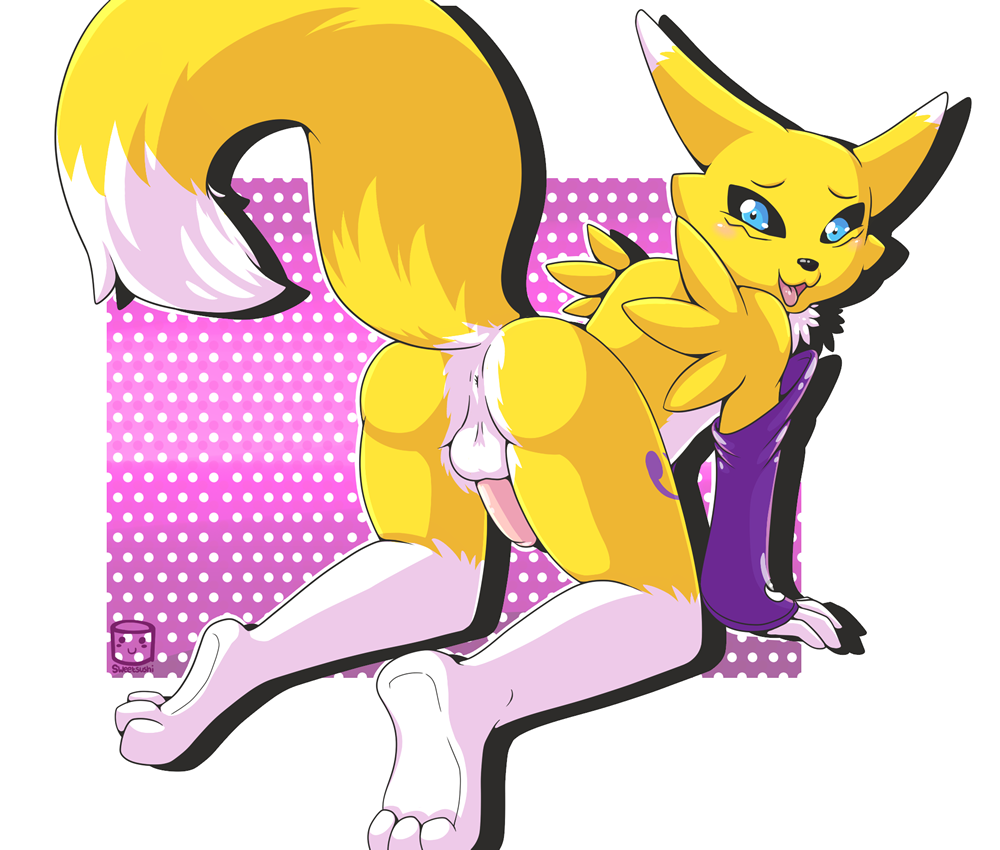 all_fours anthro anus balls blue_eyes butt canine cute digimon fluffy fox glove hindpaw invalid_tag looking_at_viewer looking_back male mammal nude pattern_background paws penis presenting presenting_hindquarters raised_tail renamon rised-tail rubber shine simple_background soles solo toes wiskar