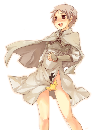 axis_powers_hetalia bad_id bad_pixiv_id bird blush cape censored chick iron_cross male_focus no_panties novelty_censor open_mouth prussia_(hetalia) red_eyes simple_background solo tobi_(one) white_background
