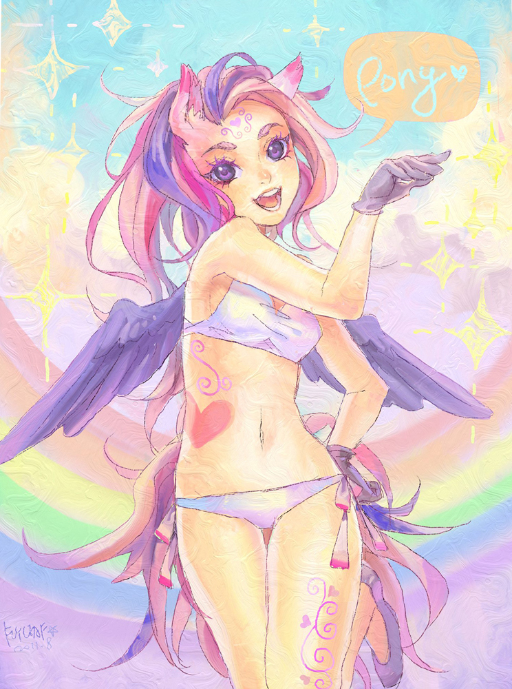 animal_ears bikini cloud colored_eyelashes english facial_mark flyleaf forehead_mark gloves hand_on_hip heart multicolored_hair navel open_mouth original panties purple_eyes rainbow side-tie_panties signature sky smile solo sparkle swimsuit tail tattoo taut_clothes thigh_gap underwear white_bikini wings