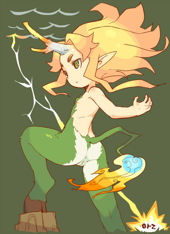 anus big_hair blonde_hair fire flame flat_chest fur green_eyes hooves horn lightning monster_girl nude om_(nk2007) original orz pointy_ears pussy solo tail tail-tip_fire