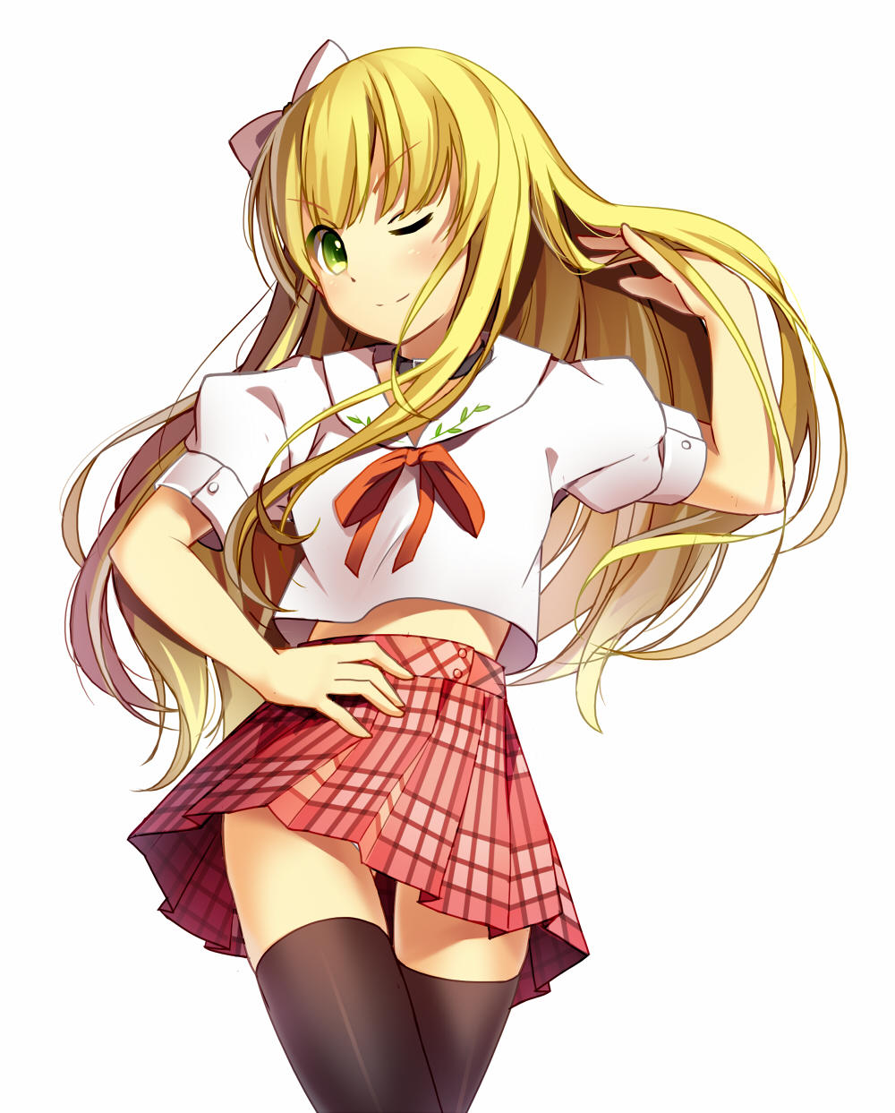 &gt;:) ;) adjusting_hair azuki_azusa bison_cangshu black_legwear blonde_hair choker green_eyes hand_on_hip hentai_ouji_to_warawanai_neko. highres long_hair looking_at_viewer midriff one_eye_closed plaid plaid_skirt pleated_skirt skirt smile solo thighhighs v-shaped_eyebrows zettai_ryouiki