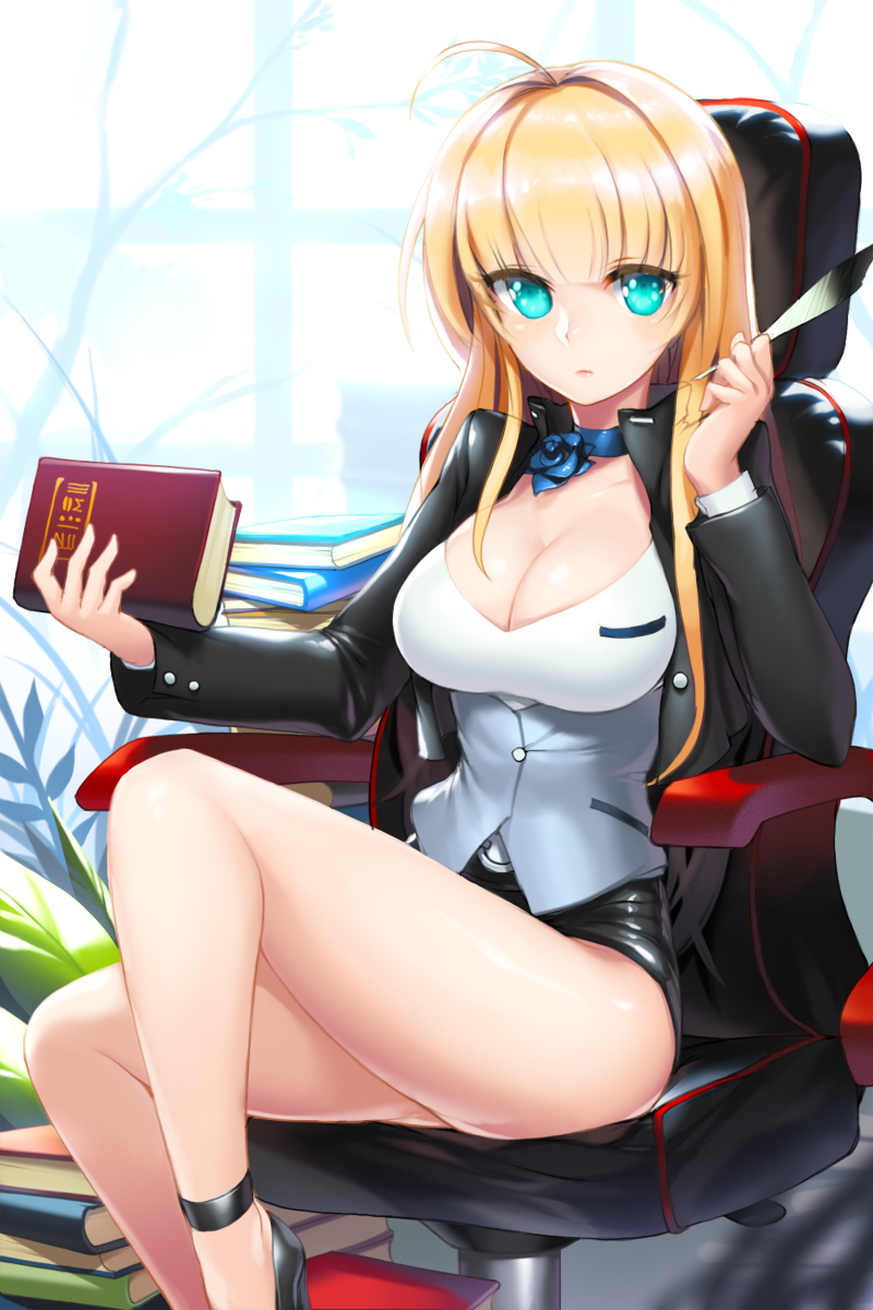 ahoge bare_legs blonde_hair blue_flower blue_rose book breasts chair choker cleavage flower green_eyes helena_k_sink highres holding holding_book knee_up large_breasts legs long_hair long_legs looking_at_viewer miniskirt quill rose shiny shiny_skin sitting skindentation skirt snowball22 solo sword_girls thighs