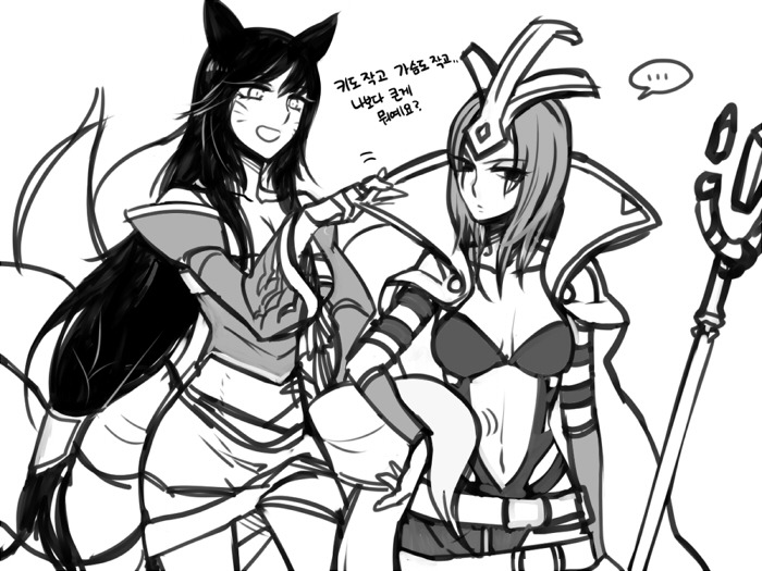 ahri animal_ears breasts cleavage emilia_leblanc fox_ears fox_tail greyscale hooreng korean korean_clothes league_of_legends long_hair medium_breasts midriff monochrome multiple_girls multiple_tails navel open_mouth simple_background tail translated very_long_hair white_background