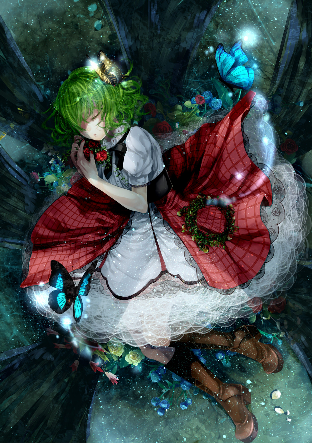 boots bug butterfly butterfly_on_head closed_eyes dress flower full_body green_hair highres insect kazami_yuuka layered_dress light_particles lying on_side petticoat puffy_sleeves red_dress short_sleeves silentdin sleeping solo touhou white_dress wreath