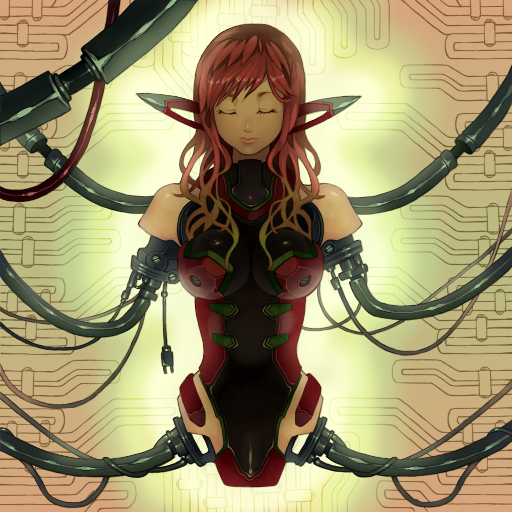 amputee android cable closed_eyes electric_plug hanging kuzuno_ha long_hair parts_exposed phantasy_star phantasy_star_online_2 pointy_ears quadruple_amputee red_hair rose_series solo wavy_hair