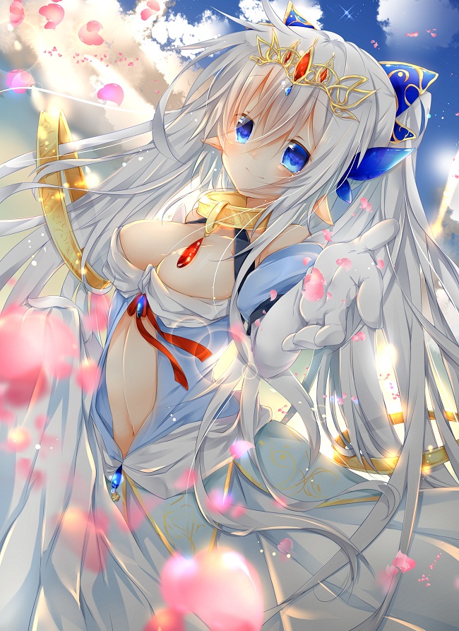 blue_eyes bow breasts cleavage cloud elbow_gloves gloves hair_bow jewelry kazato_fuuchi lens_flare long_hair medium_breasts original outstretched_arm petals pointy_ears revealing_clothes sky solo tear_canon tiara very_long_hair white_hair