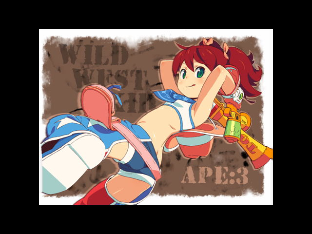 :q ass border chaps dual_wielding flat_chest green_eyes holding om_(nk2007) paintball saru_getchu sayaka_(saru_getchu) short_shorts shorts solo tongue tongue_out twintails