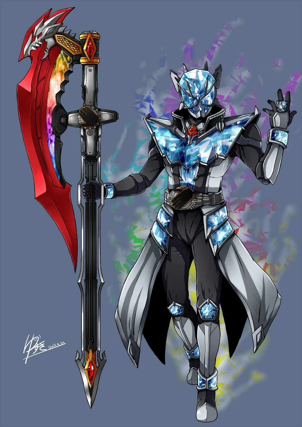 armor axe belt crystal dated highres jewelry kamen_rider kamen_rider_wizard kamen_rider_wizard_(series) long_coat male_focus mask ring sign solo tailcoat weapon yusuki_(fukumen)