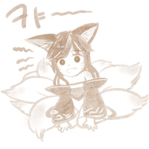 ahri animal_ears fox_ears fox_tail hooreng korean league_of_legends lowres monochrome open_mouth simple_background smile solo tail white_background