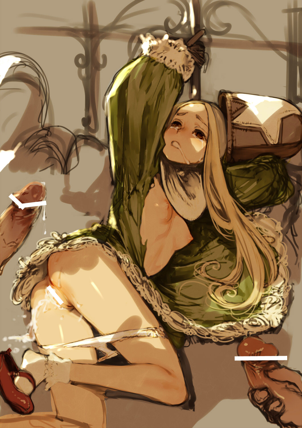 2boys bed blonde_hair branch_(blackrabbits) breasts bukkake censored chained_wrists crying crying_with_eyes_open cum cum_in_pussy cumdrip final_fantasy final_fantasy_tactics forced hat hetero highres long_hair mary_janes multiple_boys nipples panties penis pussy rape red_eyes robe saliva shoe_dangle shoes small_breasts socks tears time_mage time_mage_(fft) underwear