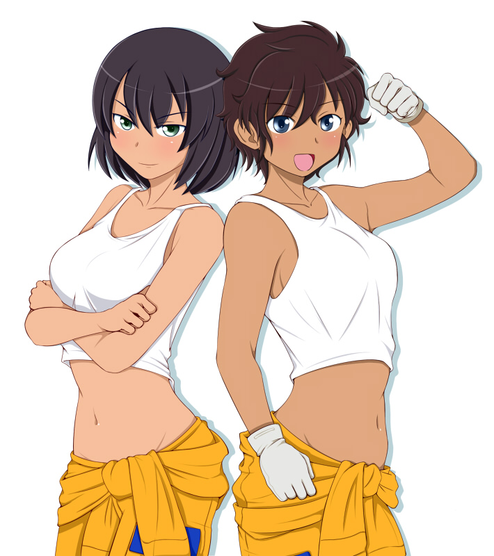 &gt;:) :d back-to-back bangs bare_shoulders black_hair blue_eyes blush breasts clenched_hands collarbone cowboy_shot crop_top crossed_arms dark_skin eyebrows_visible_through_hair from_side furrowed_eyebrows girls_und_panzer gloves green_eyes groin hair_between_eyes hand_up happy hips hoshino_(girls_und_panzer) jumpsuit jumpsuit_pull looking_at_viewer medium_breasts messy_hair midriff multiple_girls navel open_mouth parted_bangs raised_fist shadow short_hair sideboob simple_background smile standing suzuki_(girls_und_panzer) tan tanaka_rikimaru tank_top tied_sleeves v-shaped_eyebrows white_background white_gloves white_tank_top