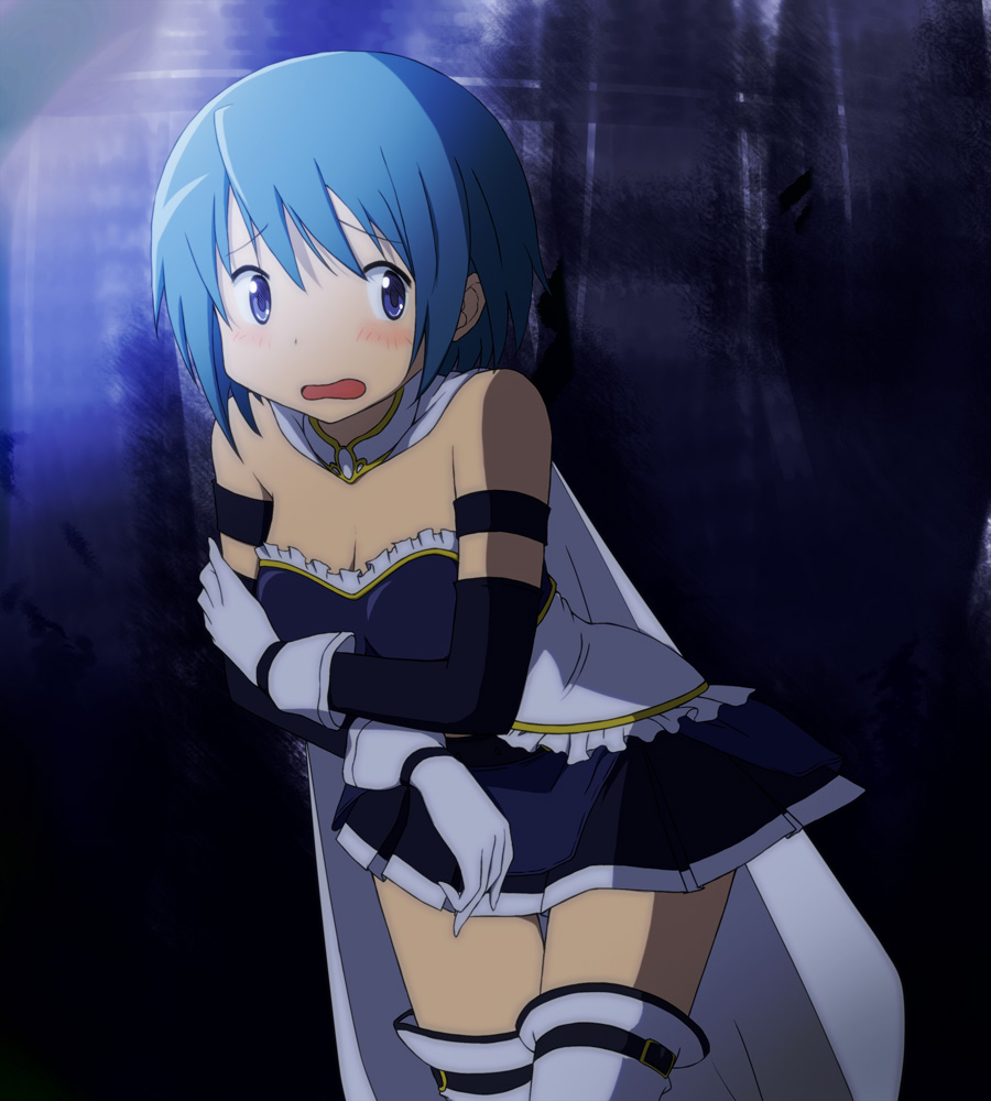 bare_shoulders blue_eyes blue_hair breasts buckle cape cleavage embarrassed frills gloves leaning_forward magical_girl mahou_shoujo_madoka_magica medium_breasts miki_sayaka rp_(necho) short_hair skirt solo thighhighs