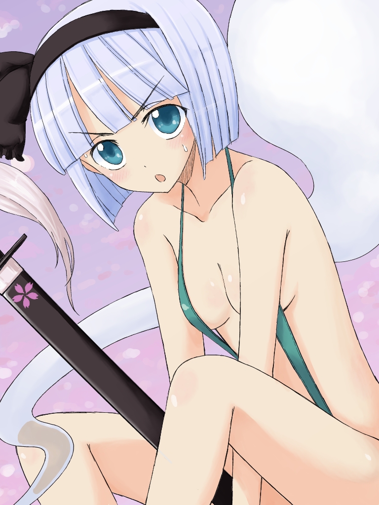 frown green_eyes hairband jack_(wkm74959) konpaku_youmu konpaku_youmu_(ghost) open_mouth short_hair silver_hair slingshot_swimsuit sweatdrop swimsuit sword touhou weapon