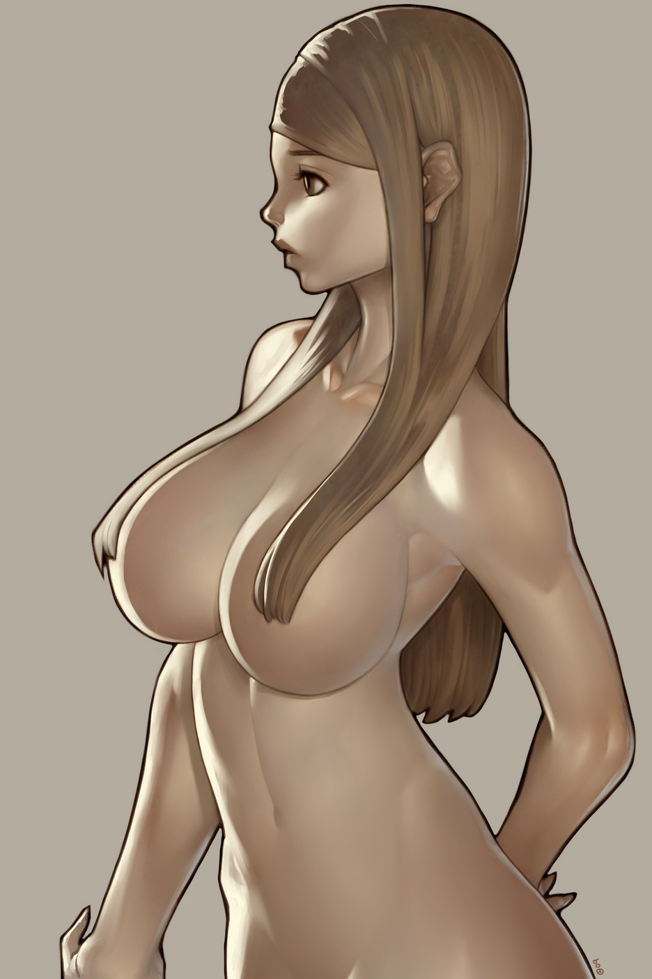 alien1452 arm_behind_back breasts brown_eyes brown_hair hair_censor hair_over_breasts highres large_breasts long_hair nude profile simple_background solo