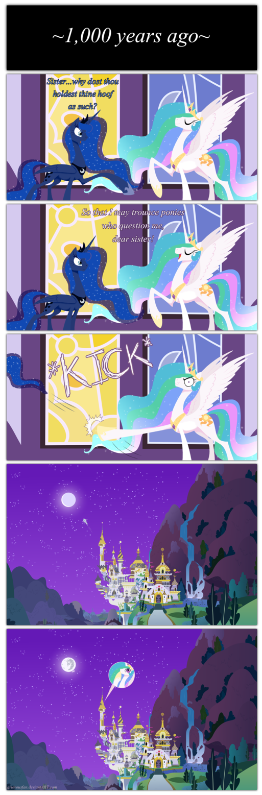 blue_eyes castle comic cutie_mark dialog english_text equine female feral flag flags friendship_is_magic grass hair horn horse kick moon mountain multi-colored_hair my_little_pony night open_mouth outside pegasus pink_hair pony pound princess princess_celestia_(mlp) princess_luna_(mlp) purple_eyes road royalty sibling sisters smile solo stars text to_the_moon tree unicorn water waterfall window windows winged_unicorn wings