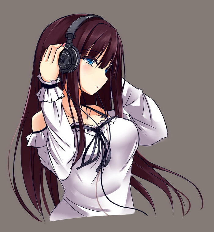 audio-technica breasts cleavage collarbone colorized detached_sleeves dress fatkewell from_side headphones long_hair long_sleeves medium_breasts original purple_hair shirt simple_background sketch sleeveless sleeveless_dress solo spaghetti_strap upper_body white_shirt