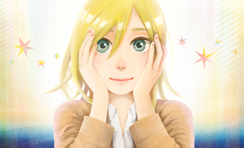 blonde_hair blue_eyes christa_renz eyes hands_on_own_face shingeki_no_kyojin smile solo umecom