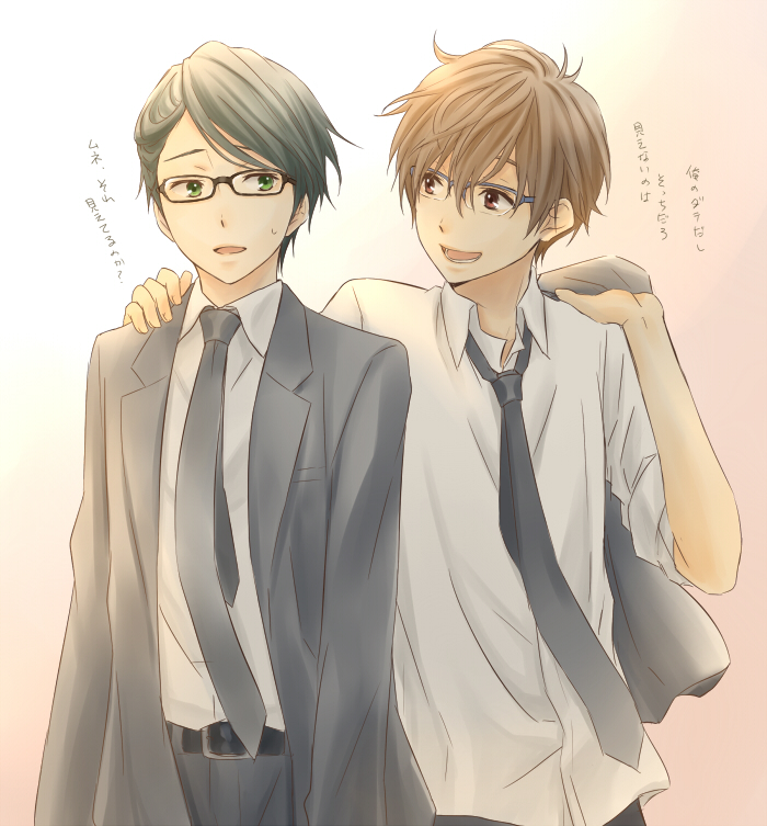 black_hair brown_hair formal glasses green_eyes hand_on_another's_shoulder happy hyouka kugayama_muneyoshi multiple_boys red_eyes rito453 short_hair suit tanabe_jirou translation_request