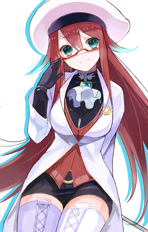 aqua_eyes ascot aty_(summon_night) boots crescent cross-laced_footwear glasses hat long_hair red-framed_eyewear red_hair short_shorts shorts smile solo summon_night summon_night_3 summon_night_5 thigh_boots thighhighs yuraiko