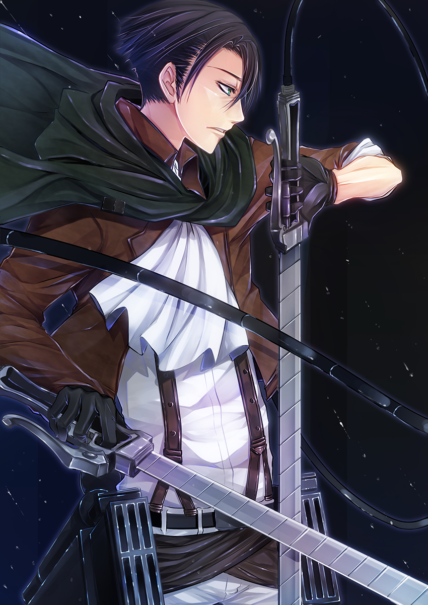 aki_ii ascot black_hair boots cable cape dual_wielding green_eyes highres holding levi_(shingeki_no_kyojin) male_focus paradis_military_uniform shingeki_no_kyojin solo sword three-dimensional_maneuver_gear weapon