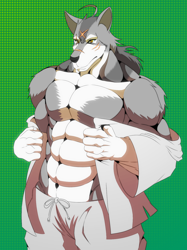 anthro biceps big_muscles black_nose canine choco_monaca clothed clothing facial_markings fur green_background grey_fur hair half-dressed looking_at_viewer male mammal markings morenatsu muscles open_shirt pants pecs plain_background scar shirt solo standing ten_kodori toned topless undressing unknown_artist white_fur wolf yellow_eyes