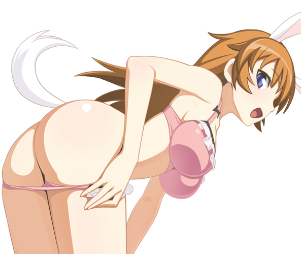 animal_ears ass bent_over blue_eyes bow bra breasts brown_hair bunny_ears butt_crack caryo charlotte_e_yeager frills large_breasts long_hair looking_back nanashino open_mouth panties panty_pull pink_bra pink_panties simple_background skindentation strike_witches tail underwear underwear_only white_background world_witches_series
