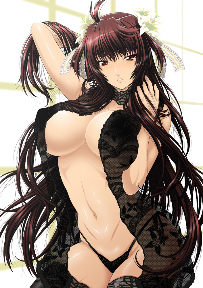 arm_up black_legwear black_panties breasts brown_eyes brown_hair flower hair_flower hair_ornament isse large_breasts long_hair navel original panties parted_lips see-through solo thighhighs underwear very_long_hair