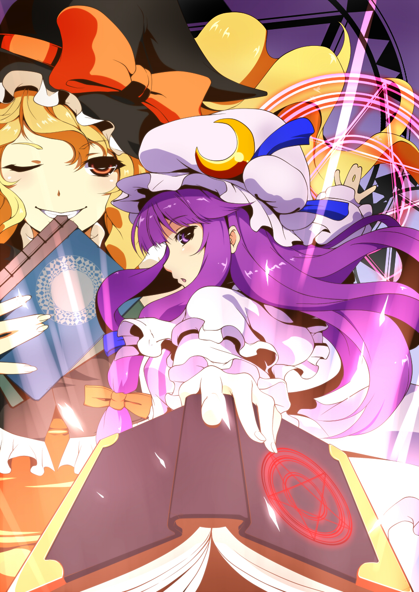 blonde_hair book crescent dress grin hair_ribbon hat highres kirisame_marisa long_hair looking_back magic_circle miyabi_(miura105) multiple_girls one_eye_closed patchouli_knowledge purple_eyes purple_hair ribbon smile touhou witch_hat yellow_eyes