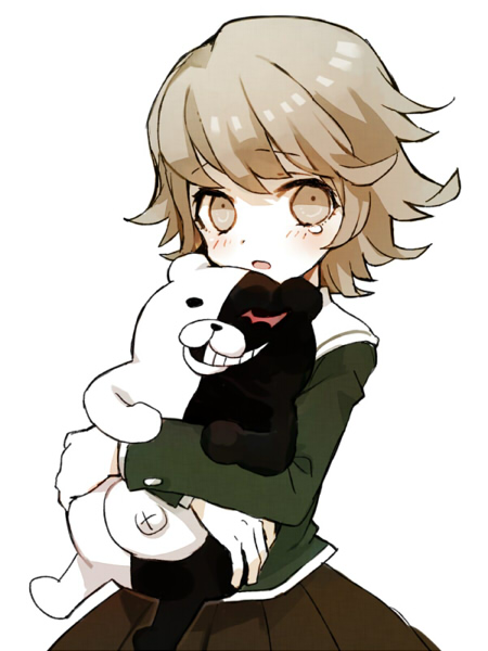 bangs blush brown_eyes brown_hair brown_skirt danganronpa danganronpa_1 eyebrows_visible_through_hair fujisaki_chihiro grin hug hug_from_behind long_sleeves looking_at_viewer monokuma otoko_no_ko pleated_skirt short_hair simple_background skirt smile soto tears upper_body white_background