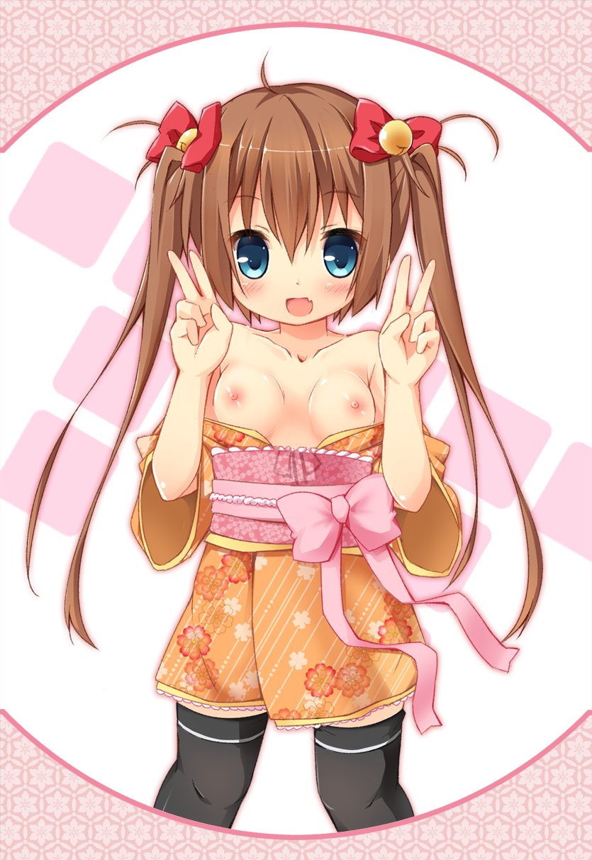 bare_shoulders blue_eyes blush bow breasts brown_hair double_v fang highres japanese_clothes karaage3 long_hair looking_at_viewer medium_breasts nipples open_mouth original smile solo thighhighs twintails v